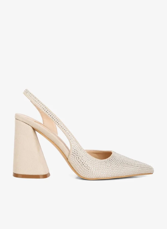 Rhinestone Suede Heel Sandals Beige
