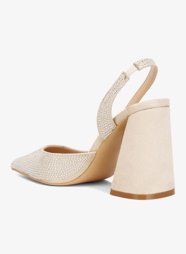 Rhinestone Suede Heel Sandals Beige – image 3