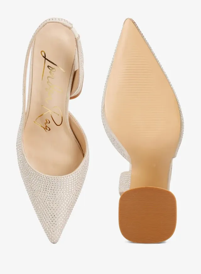 Rhinestone Suede Heel Sandals Beige – image 4