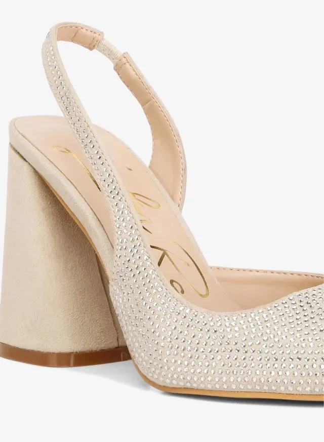 Rhinestone Suede Heel Sandals Beige – image 5