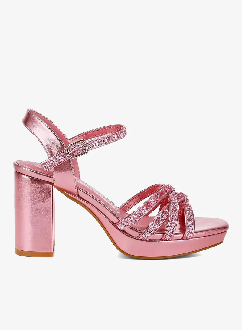 Glitter Strappy Block Sandals Pink