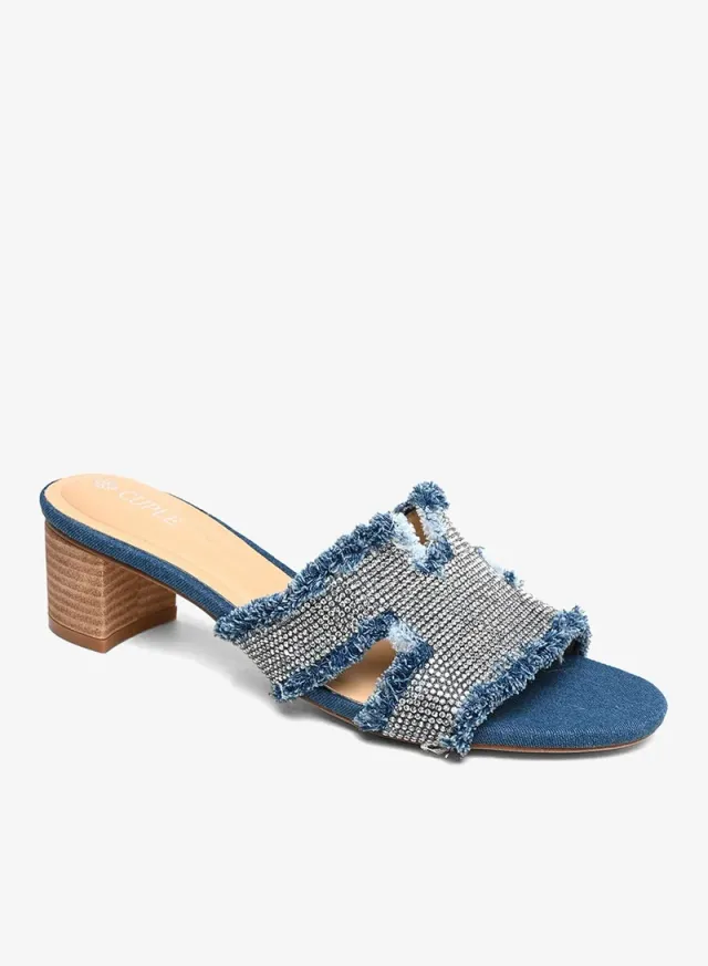 Crystal Frayed Denim Heeled Sandal