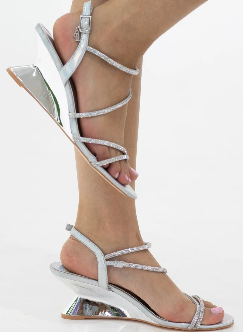 Kling Diamante Double Band 6.5cm Wedge Sandals Silver