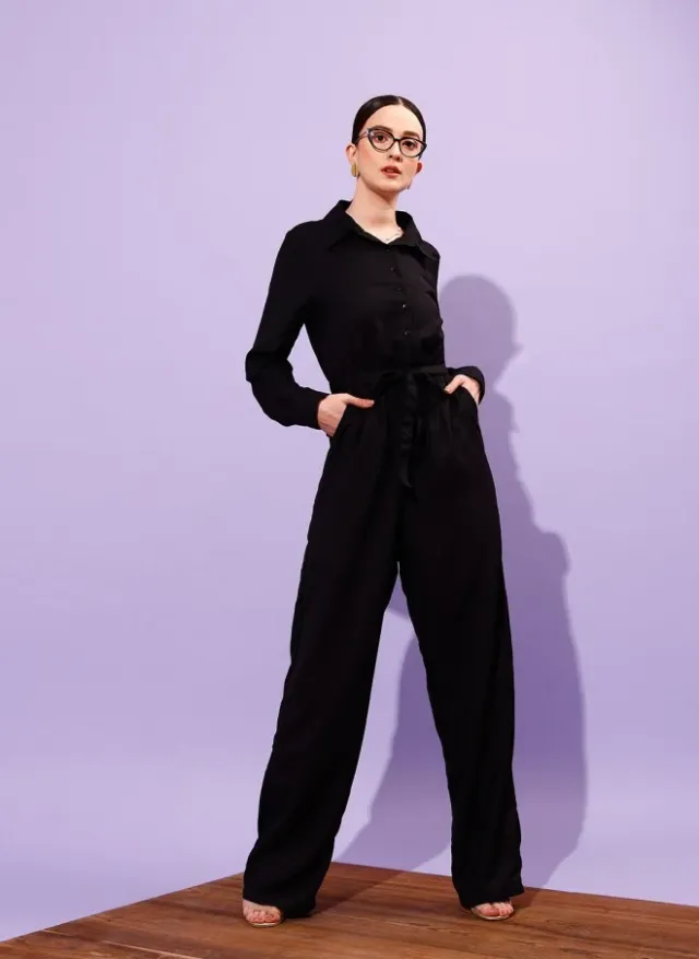 STREET 9 Women's Black Polyester Jumpsuit with Shirt Collar and Pockets – image 4