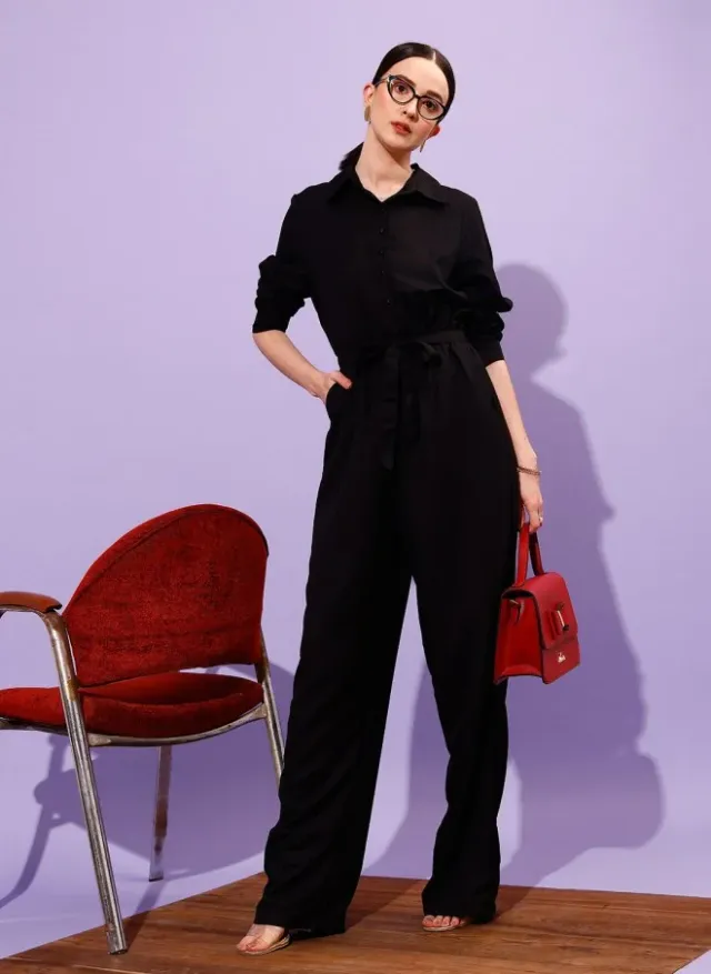 STREET 9 Women's Black Polyester Jumpsuit with Shirt Collar and Pockets – image 5