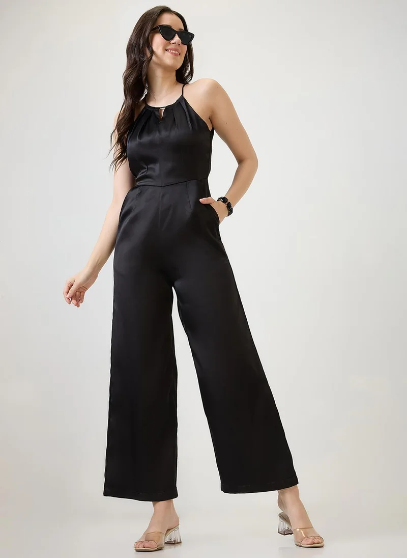 Satin Halter Neck Wide Leg Jumpsuit Black