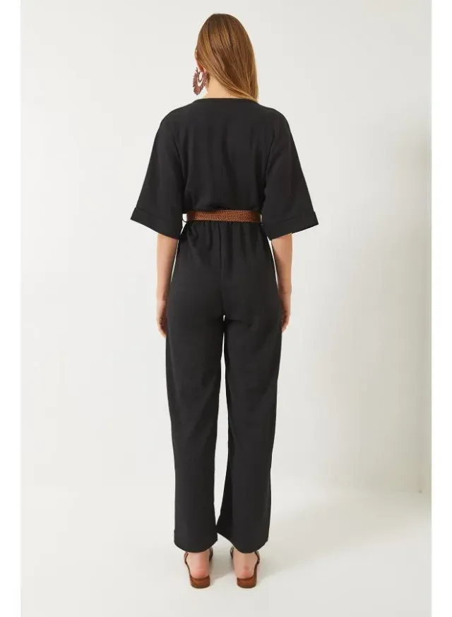 Black V-Neck Belted Jumpsuit for Women – image 2