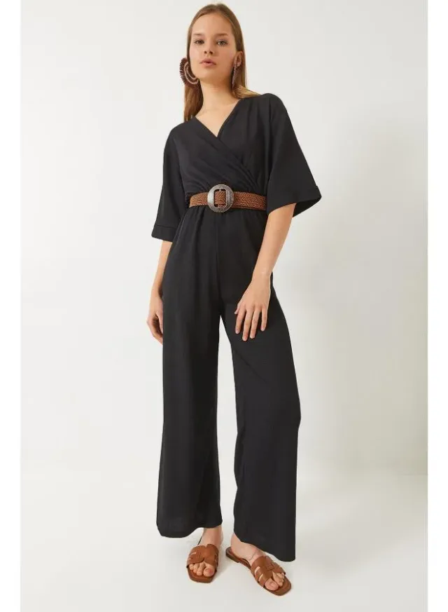 Black V-Neck Belted Jumpsuit for Women – image 4