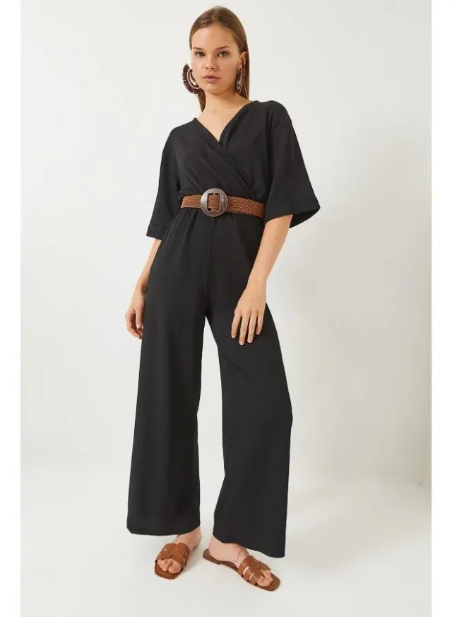 Black V-Neck Belted Jumpsuit for Women – image 6