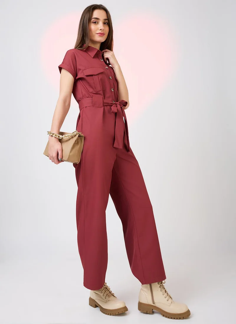 Globus Women's Shirt Collar Utility Belted Jumpsuit