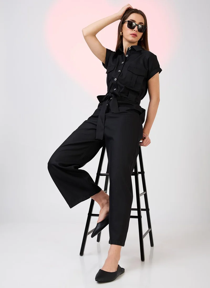 Globus Women's Shirt Collar Utility Belted Jumpsuit