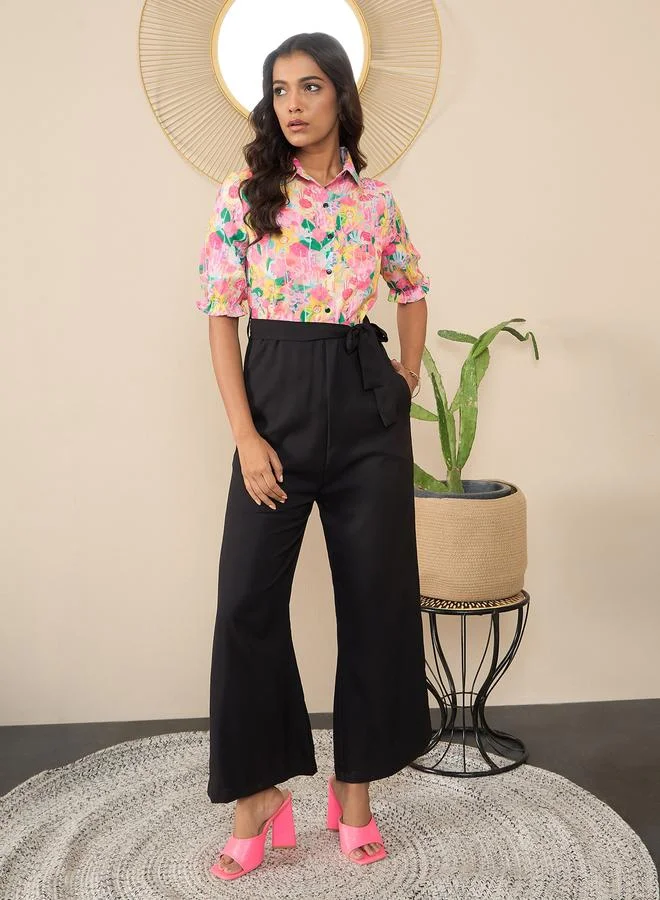 Floral Print Spread Collar Buttoned Jumpsuit