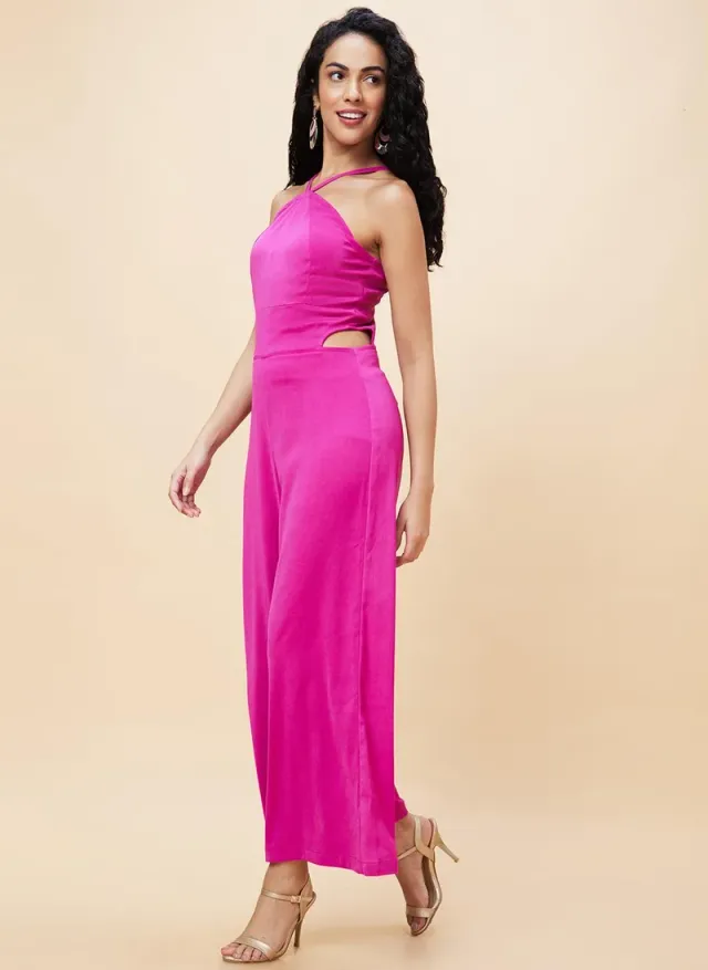 Pink Halter Neck Sleeveless Jumpsuit - High Waisted Cut Out Design – image 4