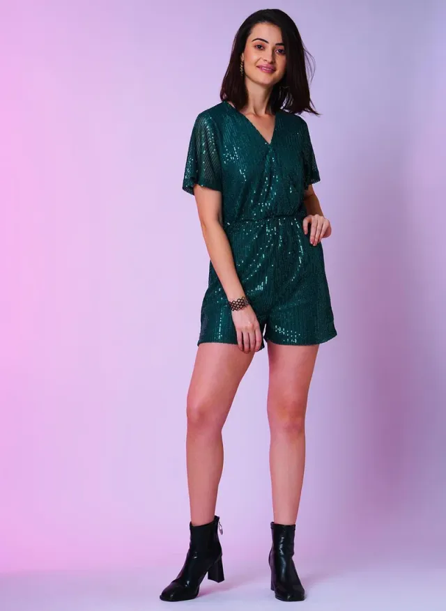 Globus Women's Embellished Wrap Neck Mini Party Playsuit Green – image 6