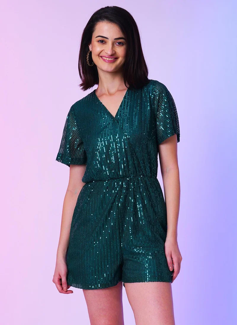 Globus Women's Embellished Wrap Neck Mini Party Playsuit Green