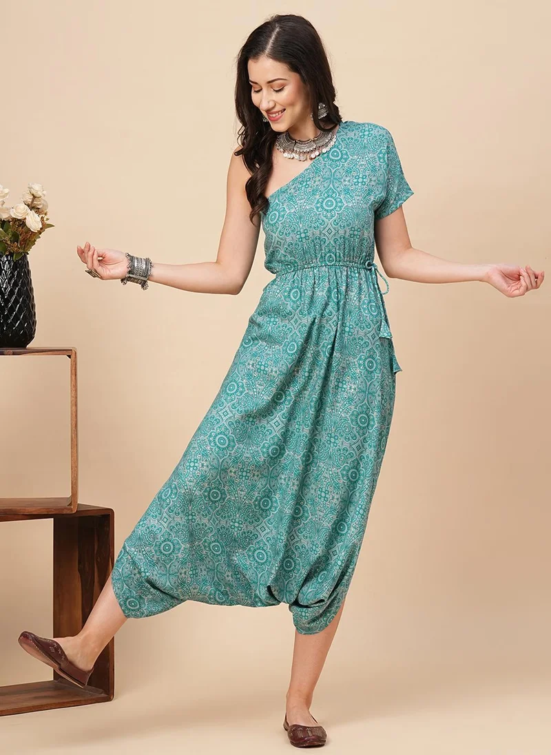 Printed Ethnic Motifs Culotte Jumpsuit Green