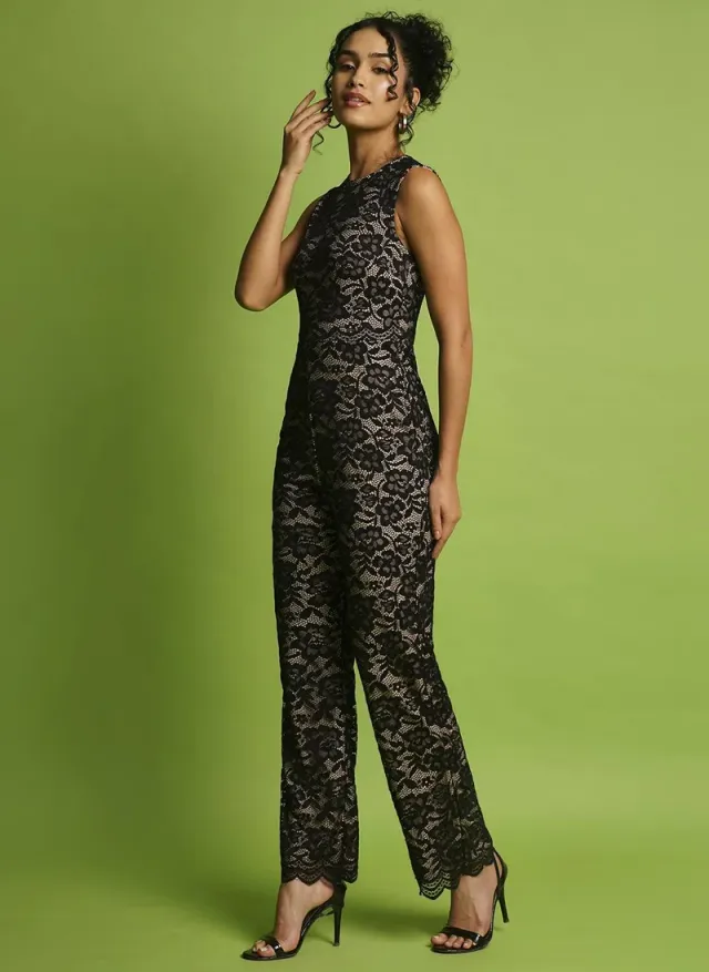 Black Floral Lace Sleeveless Jumpsuit with Pockets – image 3