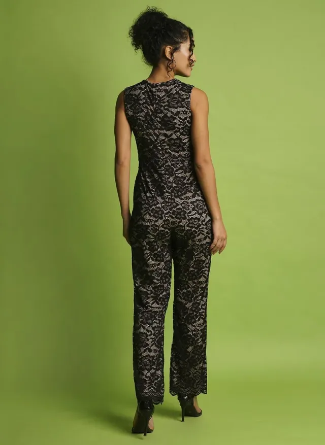 Black Floral Lace Sleeveless Jumpsuit with Pockets – image 4