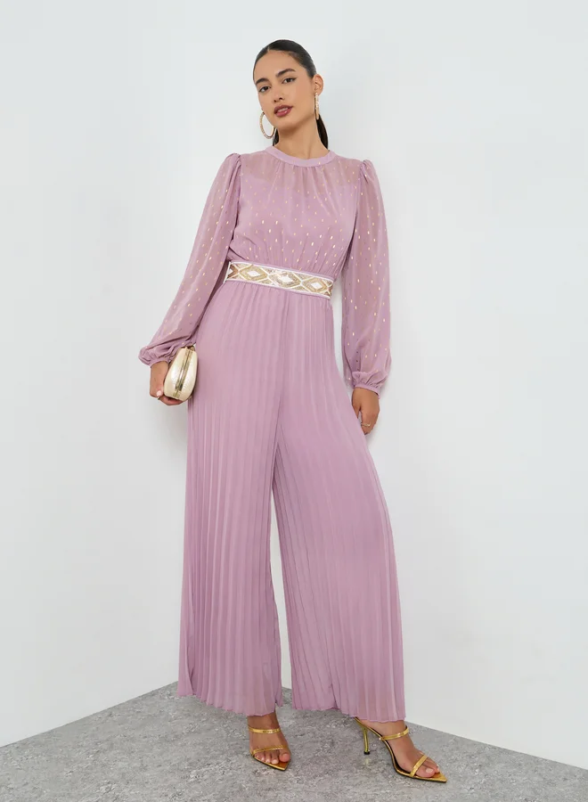 Lurex Pleated Wide Leg Jumpsuit, Lilac