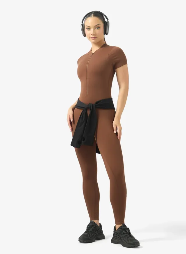 Brown Round Neck Short Sleeve Zip-Up Training Onesie for Women – image 4