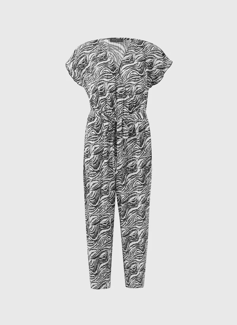 Print Plisse Belted Jumpsuit Black