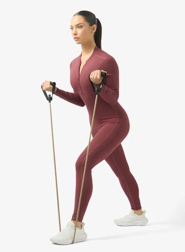Burgundy Crew Neck Long Sleeve Zip-Up Training Onesie for Women – image 4