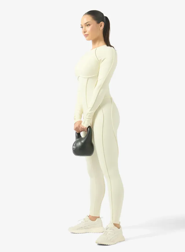 Cream Solid Long-Sleeve Bodycon Onesie for Women – image 4