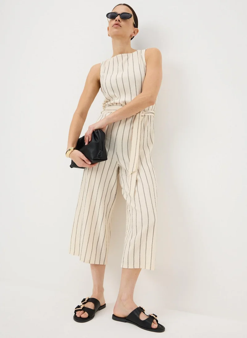 Striped Belted Culotte Jumpsuit Cream
