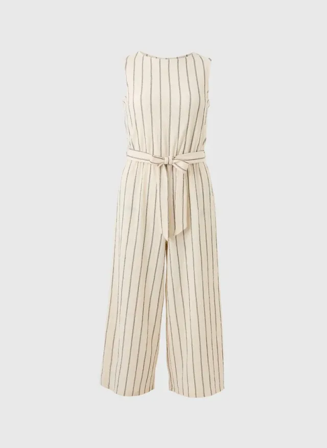 Off-White Striped Belted Cropped Jumpsuit with Keyhole Back – image 4