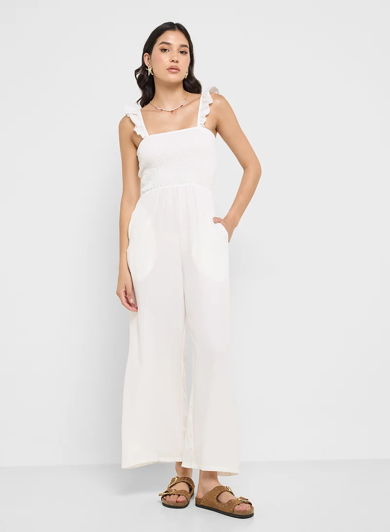Ruffle Strap Smocked Wide Leg Jumpsuit