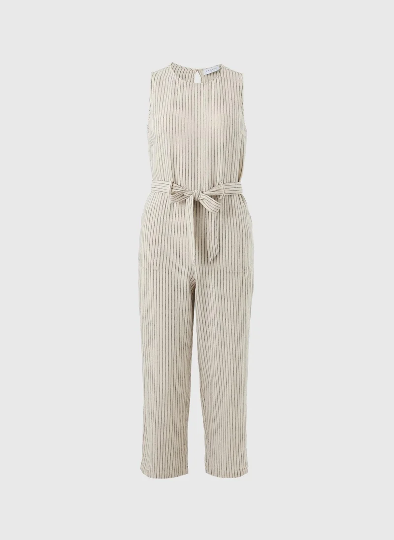 Linen Belted Stripe Jumpsuit Stone