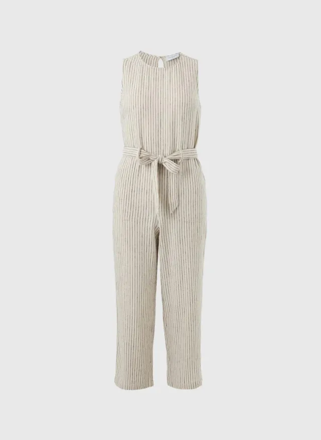 Linen Belted Stripe Jumpsuit Stone