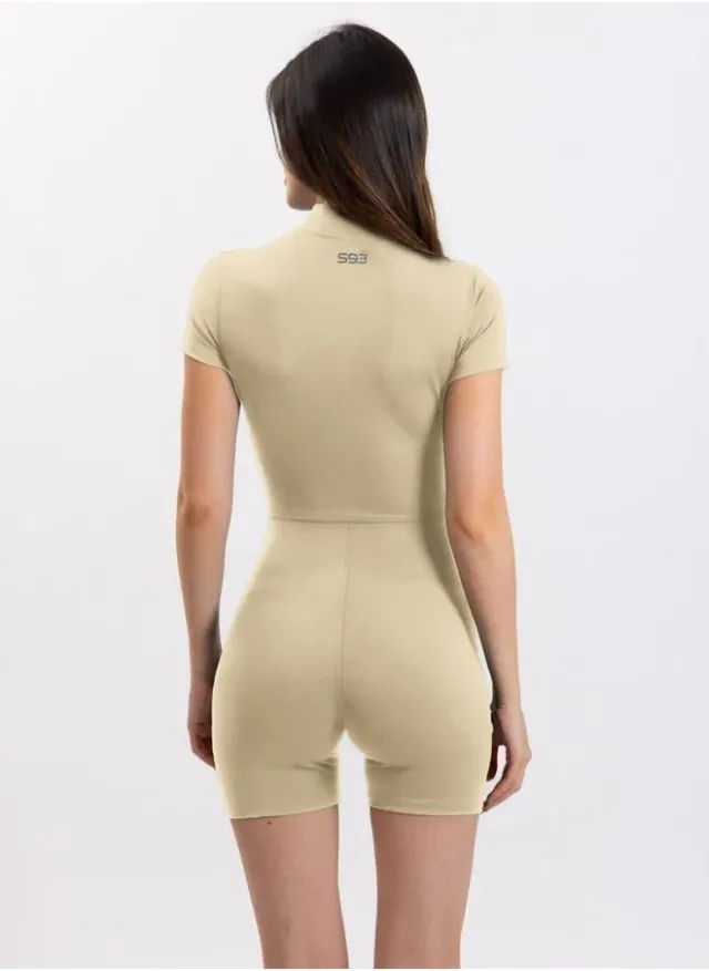 Beige Short-Sleeve Solid Jumpsuit with Zipper Detail for Women – image 4