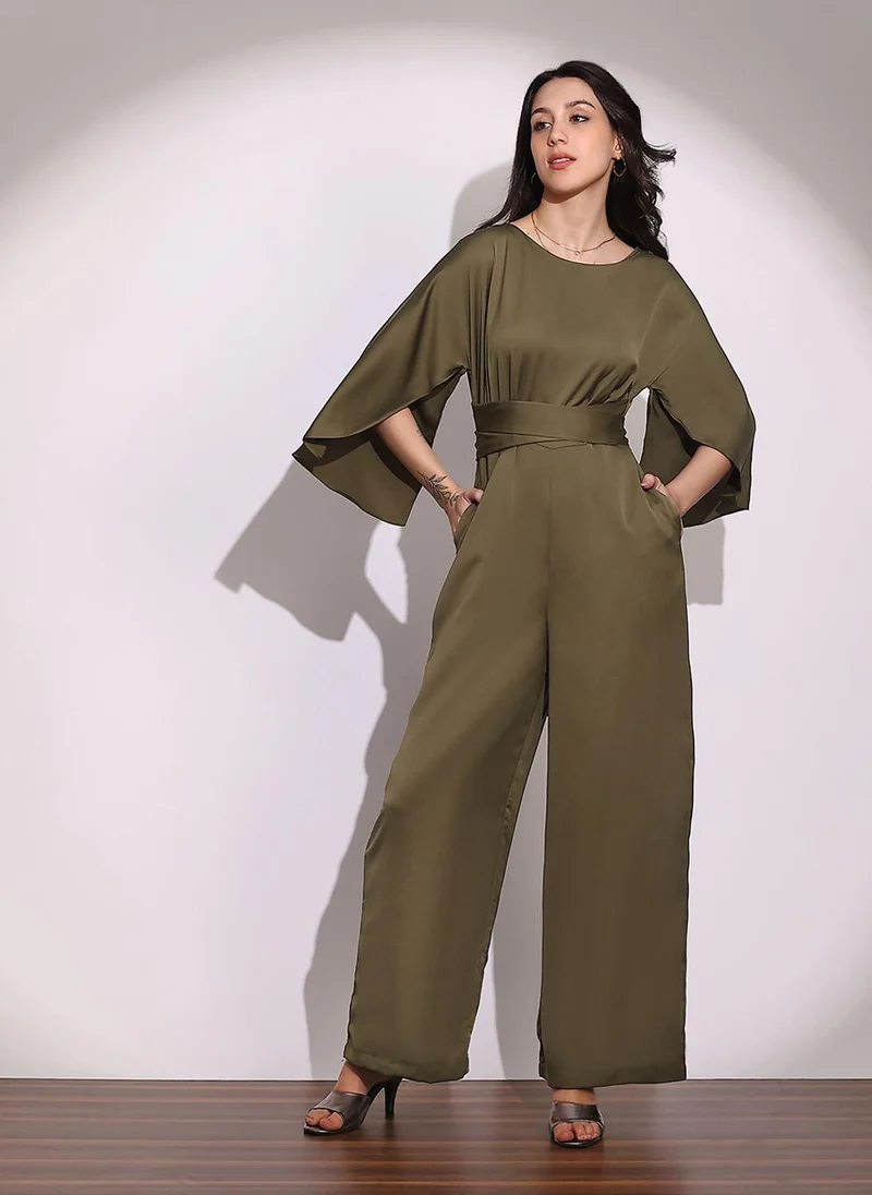 Women's Boat Neck Cape Sleeve Tie-Waist Party Jumpsuit, Brown