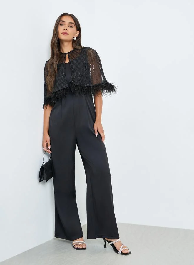 Sequined Cape Wide Leg Jumpsuit Black