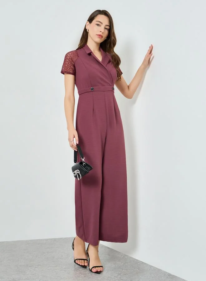 Lace Sleeve Wide Leg Jumpsuit, Pink