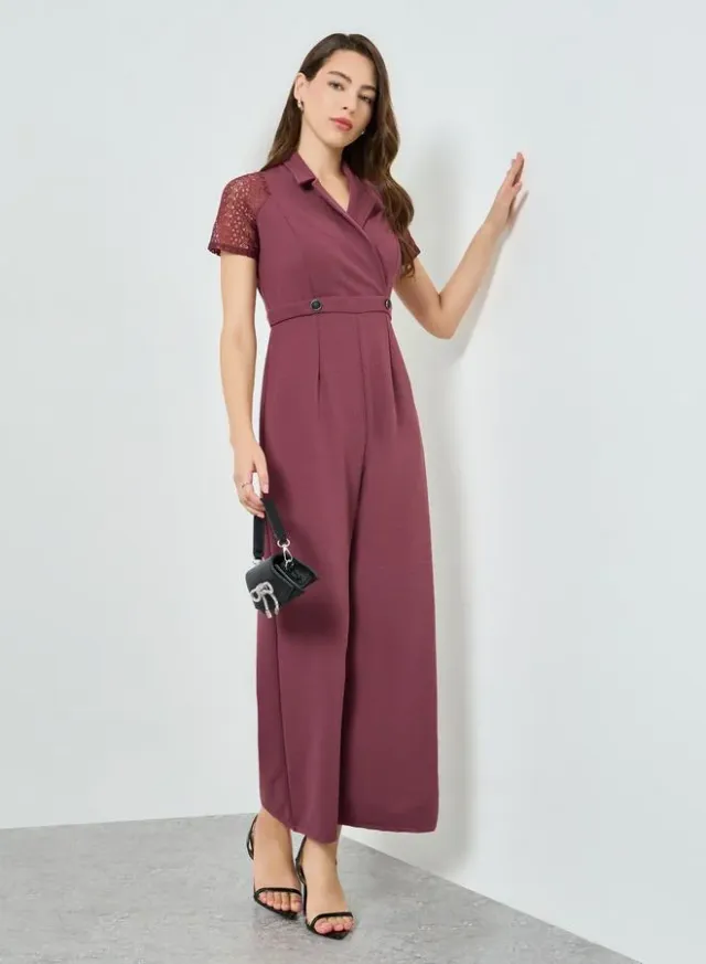 Lace Sleeve Wide Leg Jumpsuit, Pink
