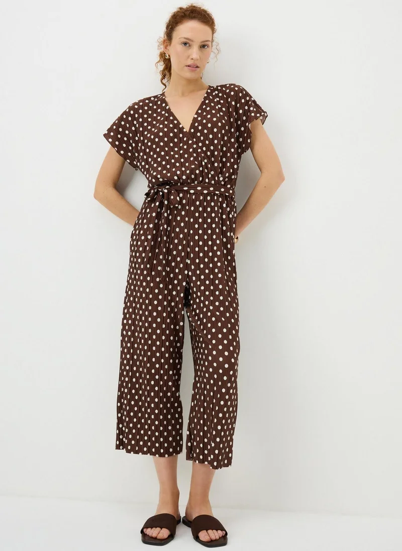 Polka Dot Plisse Belted Jumpsuit, Brown