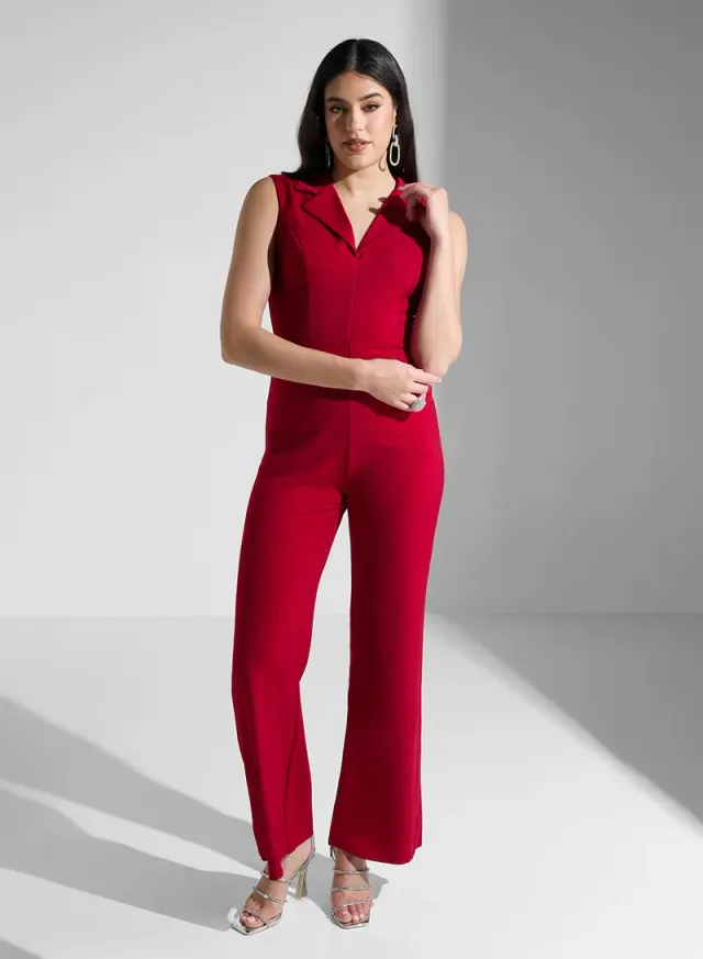 Red Collared Sleeveless Jumpsuit for Women - Solid Full Length – image 4