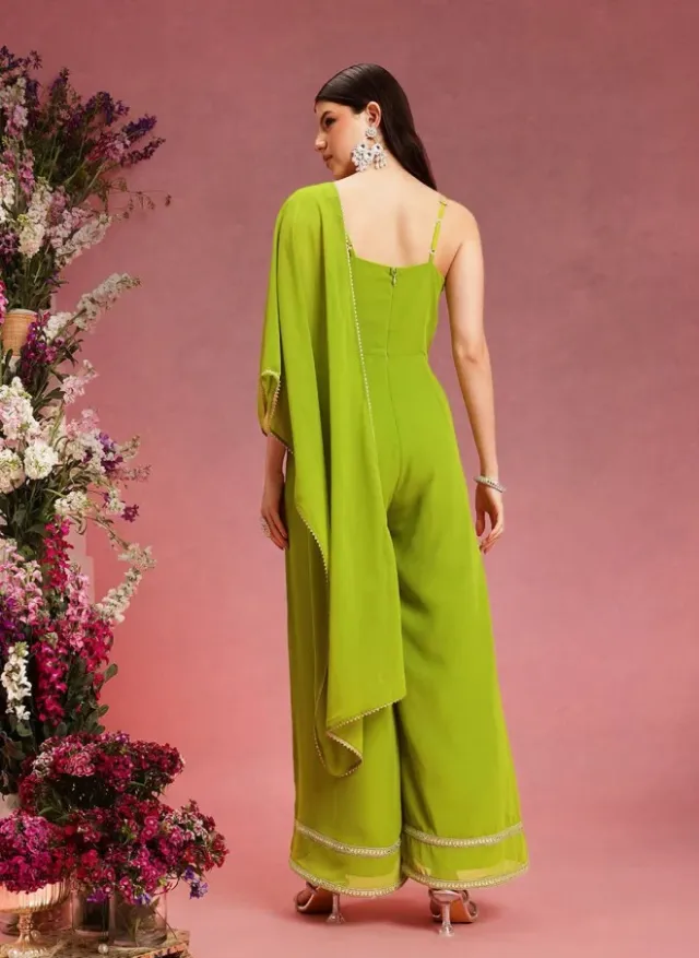 Lime Green Self Design Women's Jumpsuit with Zip Closure and Pockets – image 4