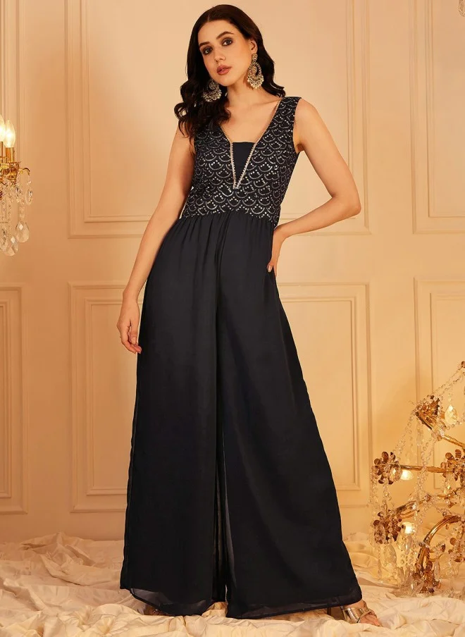 Women's Self Design Sleeveless Jumpsuit, Navy Blue