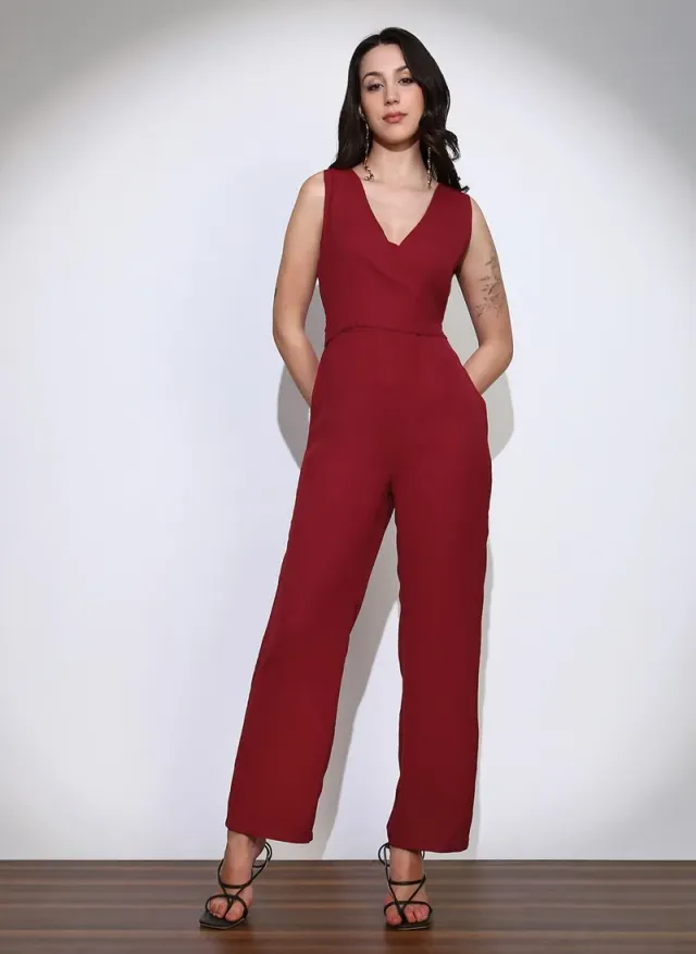 Globus Women's Wrap Neck Sleeveless Wide Leg Workwear Jumpsuit Navy Blue