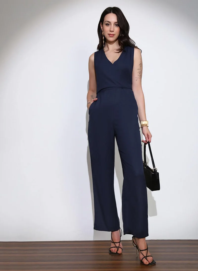 Globus Women's Wrap Neck Sleeveless Wide Leg Workwear Jumpsuit Navy Blue