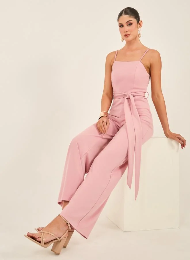 Styli Solid Strappy Wide Leg Tie Waist Jumpsuit