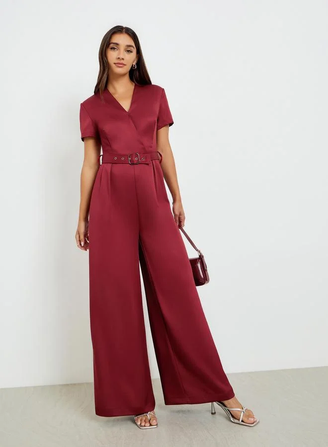 Women's Belted Wide Leg Jumpsuit Burgundy