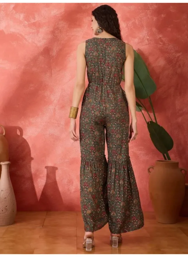 Brown V-Neck Wide-Leg Floral Jumpsuit with Drawstring Waist – image 4