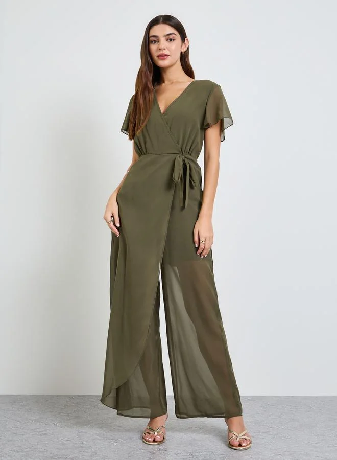 Wrap Front Wide Leg Jumpsuit Green
