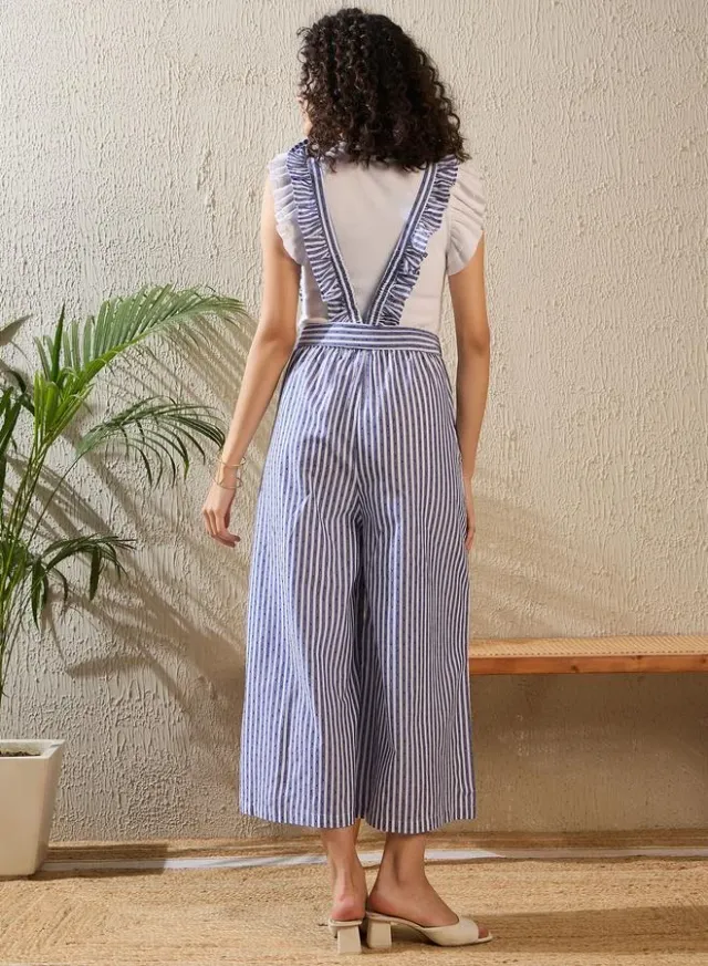 Blue Striped Ruffled Pinafore Jumpsuit for Women - Cotton – image 4