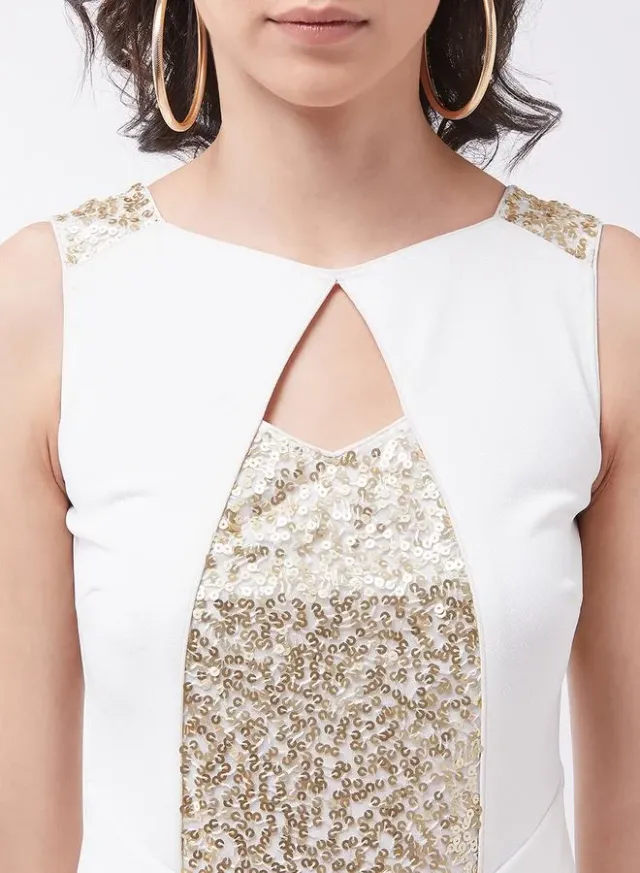Off-White Sequined Keyhole Neck Cropped Jumpsuit – image 4
