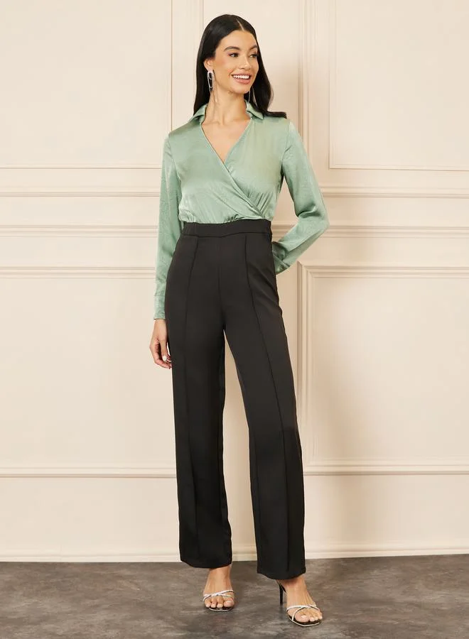 Styli Satin Collared V-Neck Pintuck Straight Leg Jumpsuit